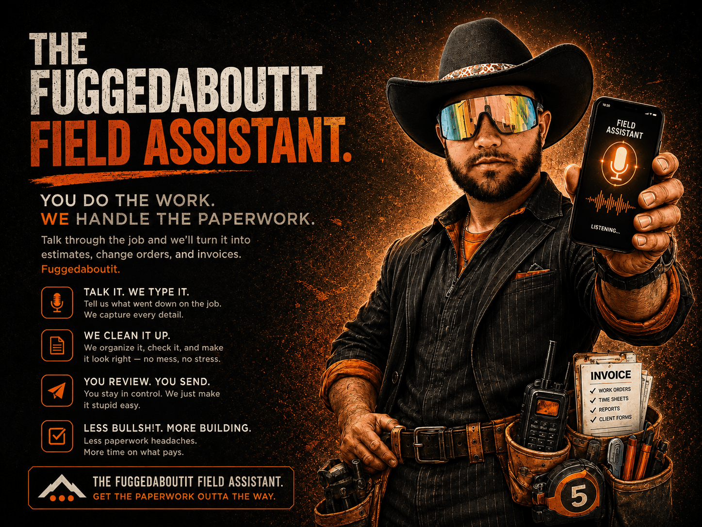 The Fuggedaboutit Field Assistant turning spoken job details into organized estimates, change orders, and invoices.